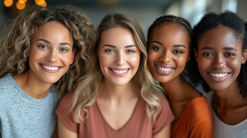 four young women showing off their smiles 